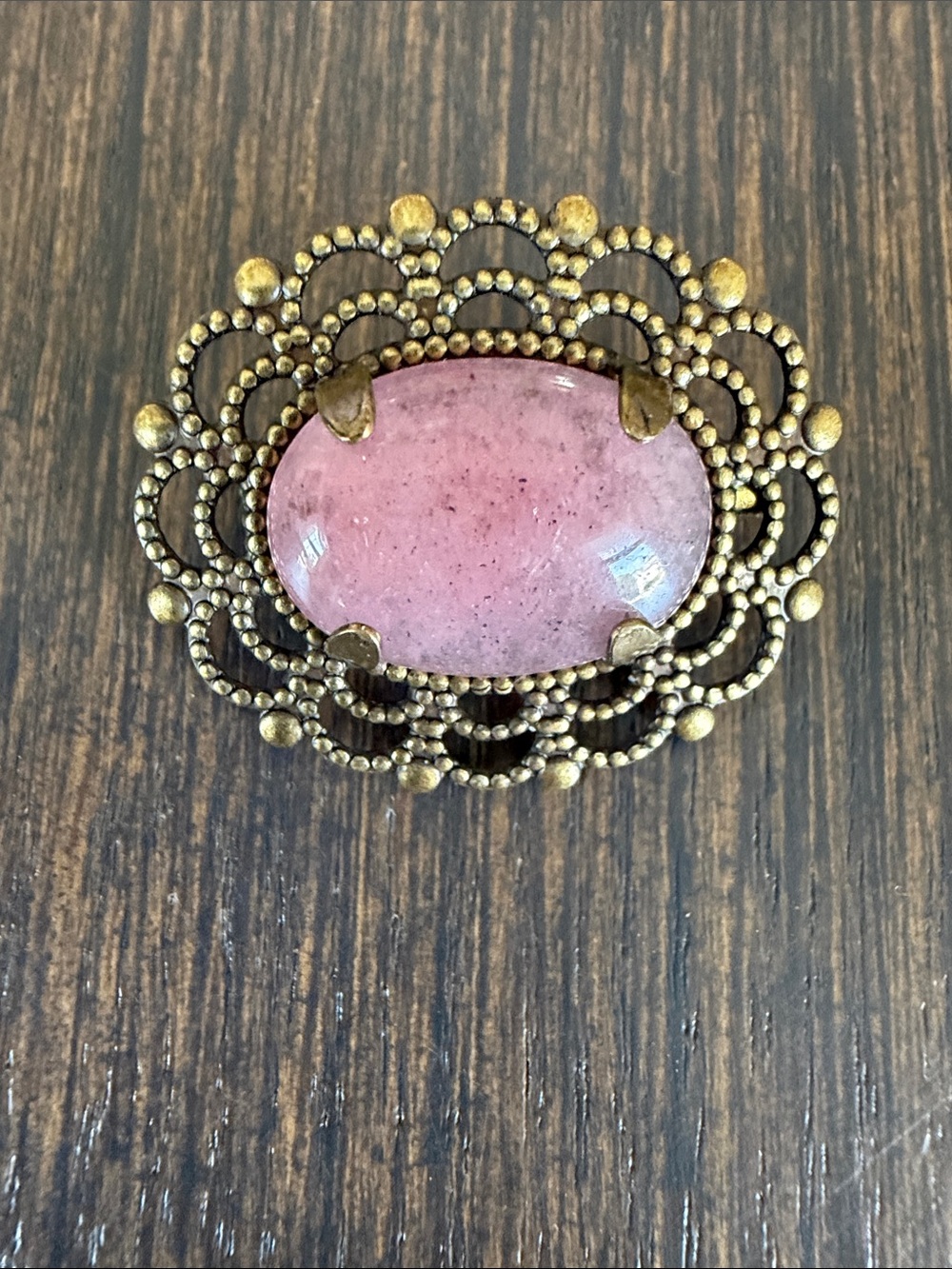 HAND CRAFTED VINTAGE STYLE ROSE QUARTZ FILIGREE BROOCH Antiqued Brass Frame Pin